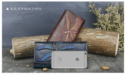 New Top Layer Cowhide Coin Purse Women's Butterfly Leather Carved Bag Long Wallet European and American Clutch Leather Women's Wallet