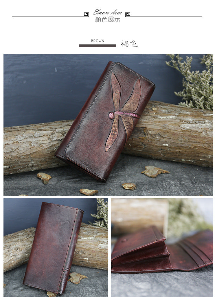 New Top Layer Cowhide Coin Purse Women's Butterfly Leather Carved Bag Long Wallet European and American Clutch Leather Women's Wallet
