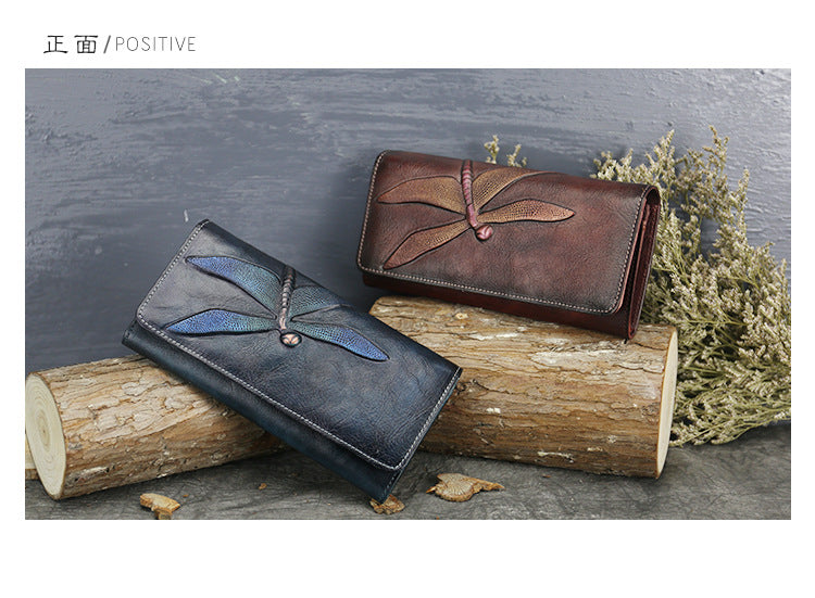 New Top Layer Cowhide Coin Purse Women's Butterfly Leather Carved Bag Long Wallet European and American Clutch Leather Women's Wallet
