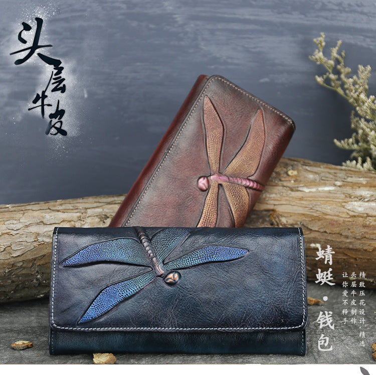 New Top Layer Cowhide Coin Purse Women's Butterfly Leather Carved Bag Long Wallet European and American Clutch Leather Women's Wallet
