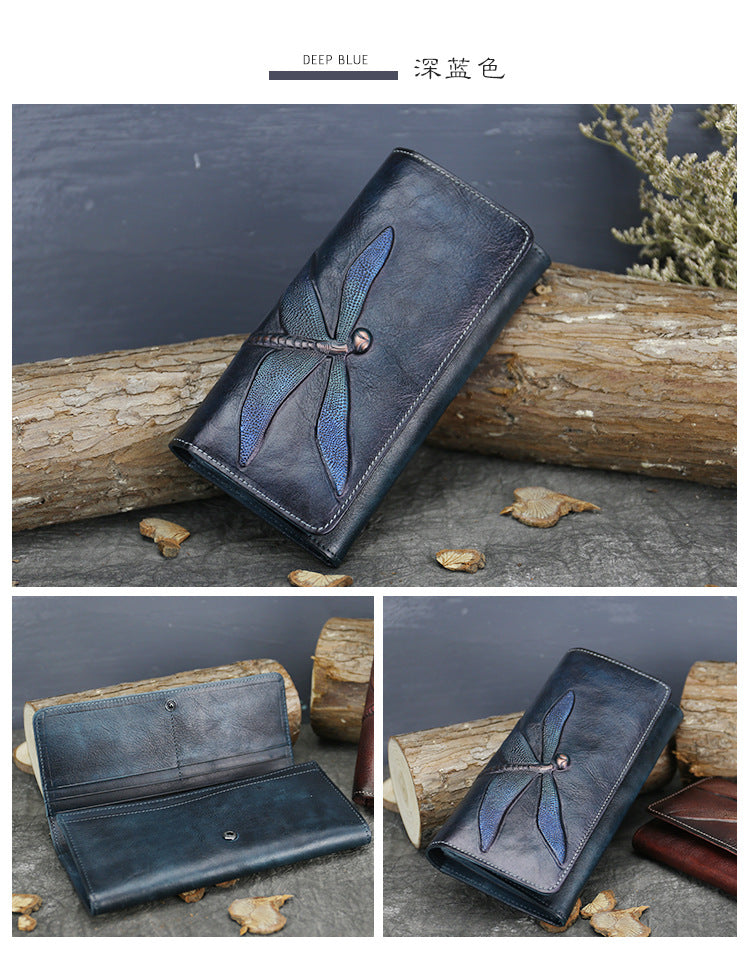 New Top Layer Cowhide Coin Purse Women's Butterfly Leather Carved Bag Long Wallet European and American Clutch Leather Women's Wallet