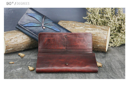 New Top Layer Cowhide Coin Purse Women's Butterfly Leather Carved Bag Long Wallet European and American Clutch Leather Women's Wallet