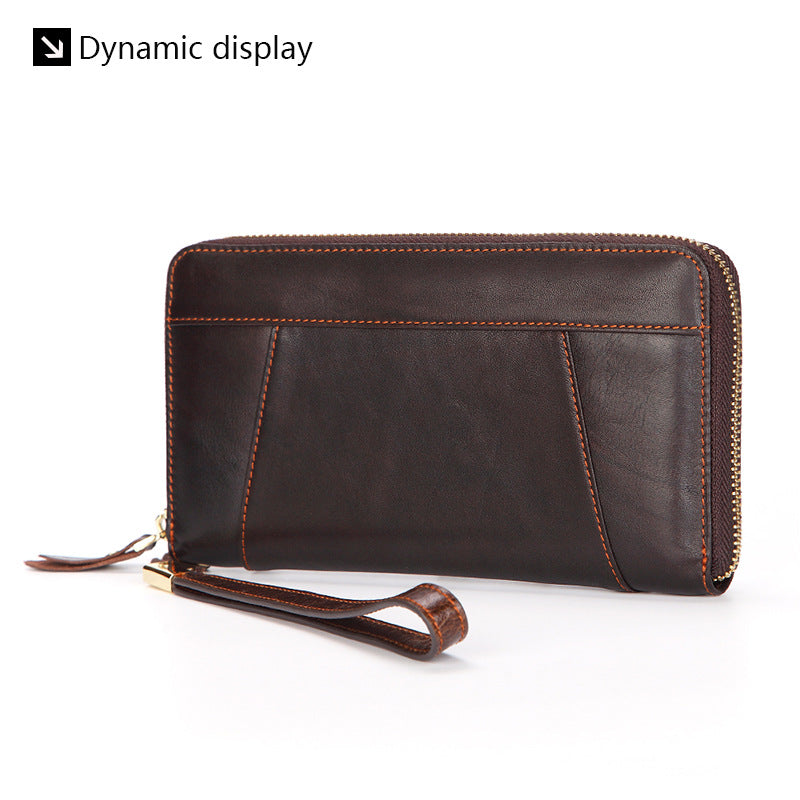 Dropshipping Spot Oil Wax Leather Single Pull Bag First Layer Genuine Leather Long Zipper Bag Retro Hot Selling Cross-Border Wallet