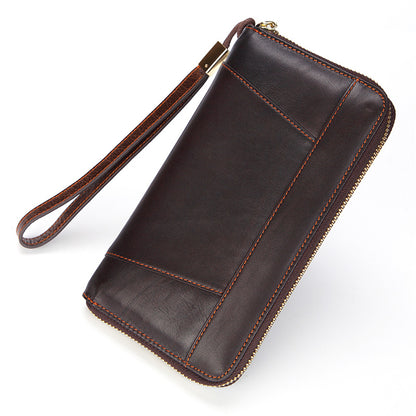 Dropshipping Spot Oil Wax Leather Single Pull Bag First Layer Genuine Leather Long Zipper Bag Retro Hot Selling Cross-Border Wallet