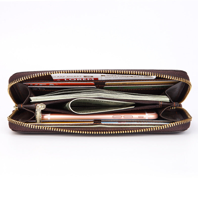 Dropshipping Spot Oil Wax Leather Single Pull Bag First Layer Genuine Leather Long Zipper Bag Retro Hot Selling Cross-Border Wallet