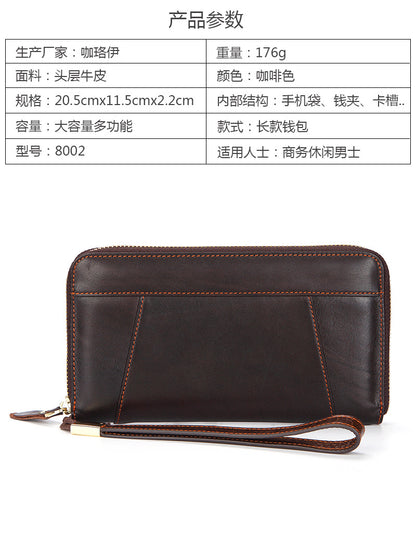 Dropshipping Spot Oil Wax Leather Single Pull Bag First Layer Genuine Leather Long Zipper Bag Retro Hot Selling Cross-Border Wallet