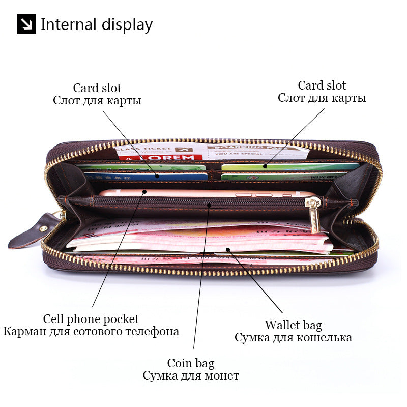 Dropshipping Spot Oil Wax Leather Single Pull Bag First Layer Genuine Leather Long Zipper Bag Retro Hot Selling Cross-Border Wallet