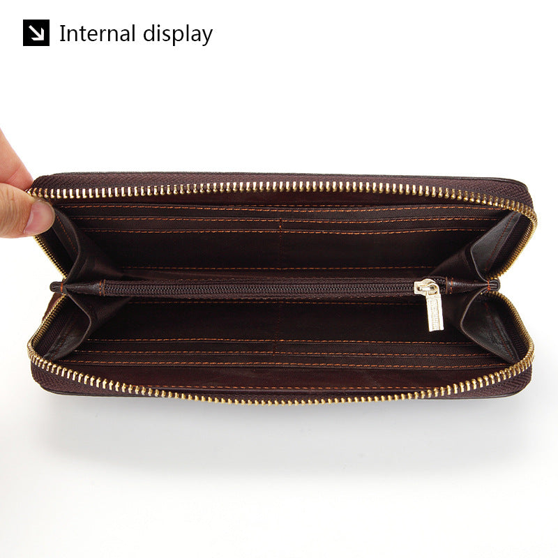Dropshipping Spot Oil Wax Leather Single Pull Bag First Layer Genuine Leather Long Zipper Bag Retro Hot Selling Cross-Border Wallet