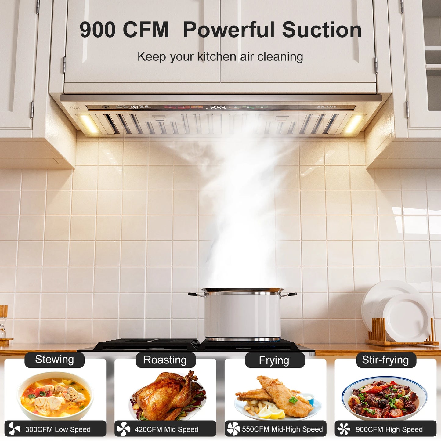 BRANO Range Hood Insert 30 Inch, 900 CFM Smart Voice/Gesture/Touch Control, 4 Speed Exhaust Fan, Stainless Steel Kitchen Hood with Charcoal Filter, Ducted/Ductless Convertible