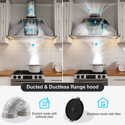 BRANO Range Hood Insert 30 Inch, 900 CFM Smart Voice/Gesture/Touch Control, 4 Speed Exhaust Fan, Stainless Steel Kitchen Hood with Charcoal Filter, Ducted/Ductless Convertible