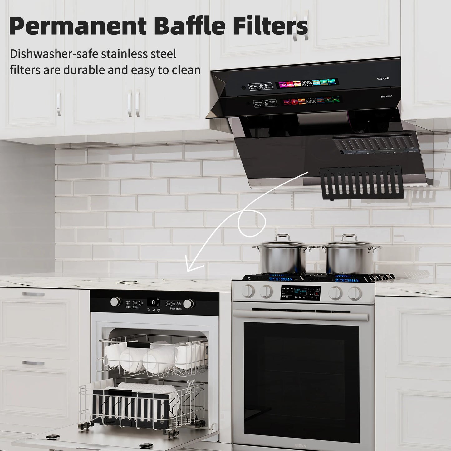 BRANO Under Cabinet Range Hood 30 inch, 900CFM Vent Hood with Voice/Gesture/Touch Control Control, Unique Side-Draft Design for Modern Kitchen, Ducted/Ductless Convertible