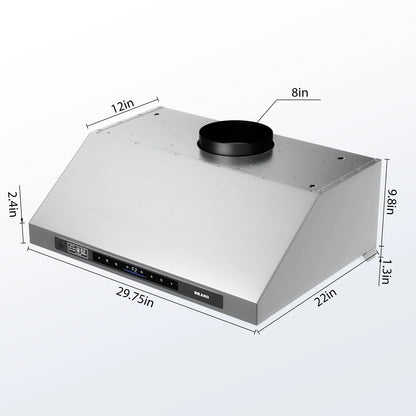 BRANO | DC Motor Series 30-Inch Under-Cabinet Range Hood Silver | 120V，1200CFM Brushless 6-Speed, Voice & Gesture Control, LED Lighting, Baffle Filters
