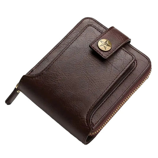 Large Capacity Genuine Leather Vintage Wallet for Men Solid Black Zipper Closure Daily Use Card Case with ID Window Coin Pocket