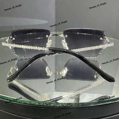 Luxury Silver Rimless Frame Sunglasses with Sparkling Stone on Arms Stylish Modern Rectangle Design Youth Fashion for Men Women