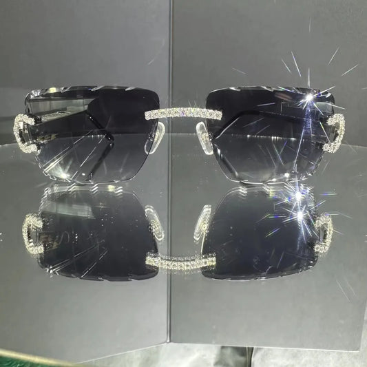 Luxury Silver Rimless Frame Sunglasses with Sparkling Stone on Arms Stylish Modern Rectangle Design Youth Fashion for Men Women