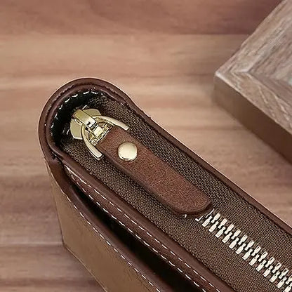 Large Capacity Genuine Leather Vintage Wallet for Men Solid Black Zipper Closure Daily Use Card Case with ID Window Coin Pocket