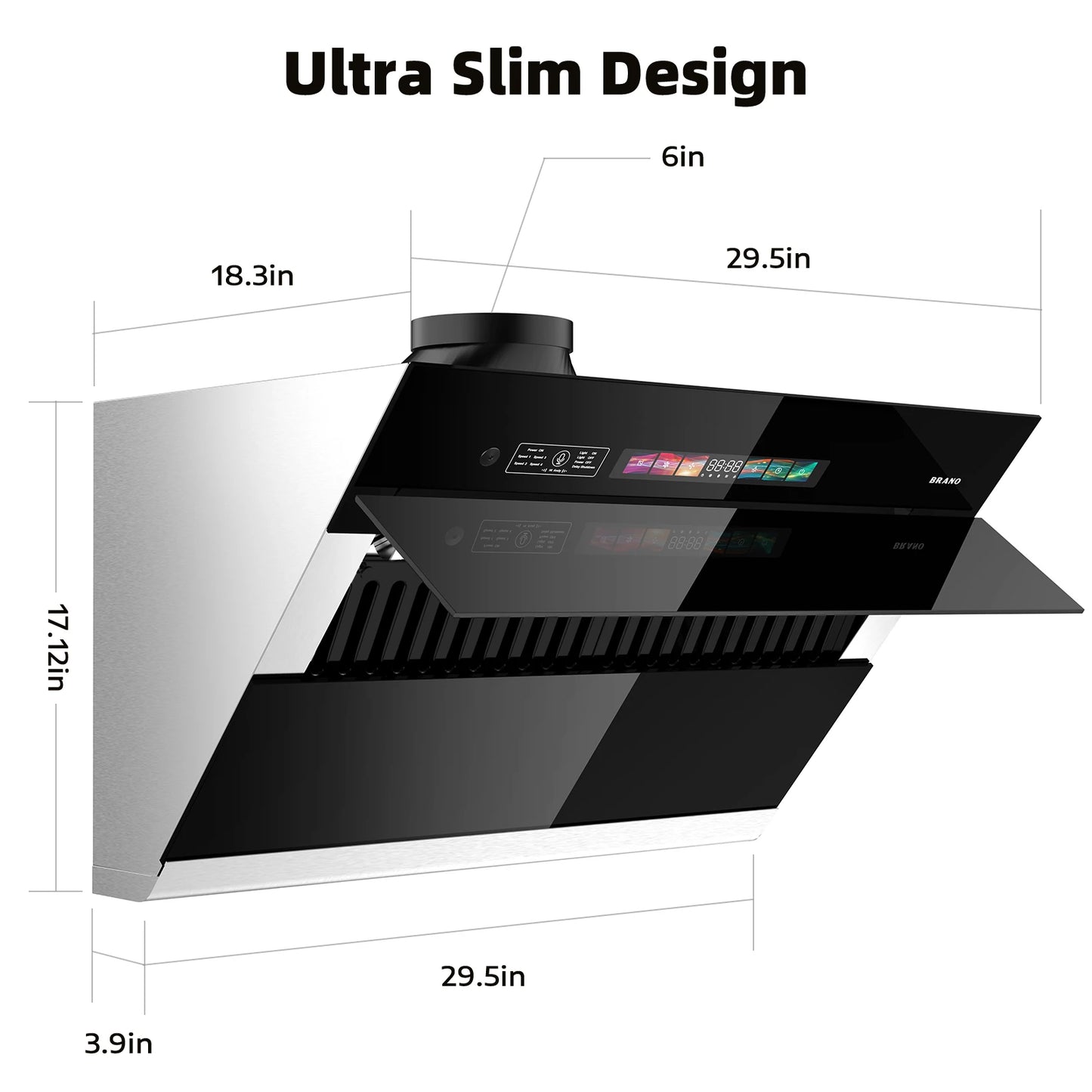 BRANO Under Cabinet Range Hood 30 inch, 900CFM Vent Hood with Voice/Gesture/Touch Control Control, Unique Side-Draft Design for Modern Kitchen, Ducted/Ductless Convertible