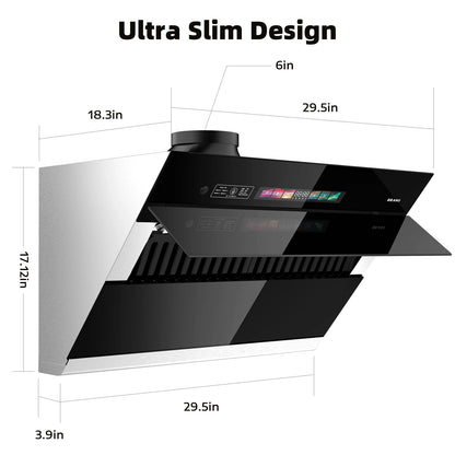 BRANO Under Cabinet Range Hood 30 inch, 900CFM Vent Hood with Voice/Gesture/Touch Control Control, Unique Side-Draft Design for Modern Kitchen, Ducted/Ductless Convertible