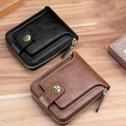 Large Capacity Genuine Leather Vintage Wallet for Men Solid Black Zipper Closure Daily Use Card Case with ID Window Coin Pocket