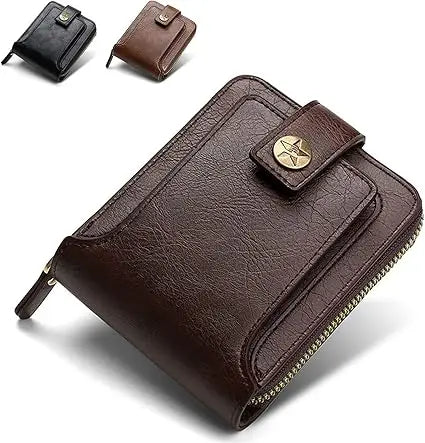 Large Capacity Genuine Leather Vintage Wallet for Men Solid Black Zipper Closure Daily Use Card Case with ID Window Coin Pocket