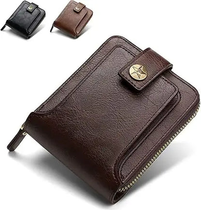 Large Capacity Genuine Leather Vintage Wallet for Men Solid Black Zipper Closure Daily Use Card Case with ID Window Coin Pocket