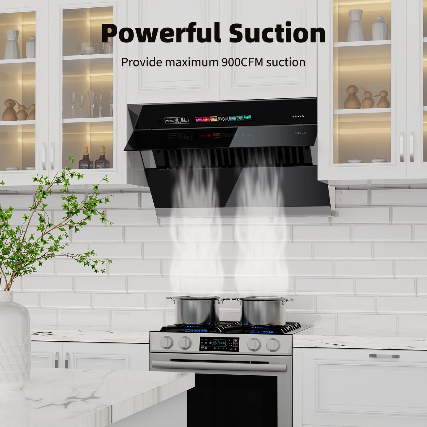 BRANO Under Cabinet Range Hood 30 inch, 900CFM Vent Hood with Voice/Gesture/Touch Control Control, Unique Side-Draft Design for Modern Kitchen, Ducted/Ductless Convertible