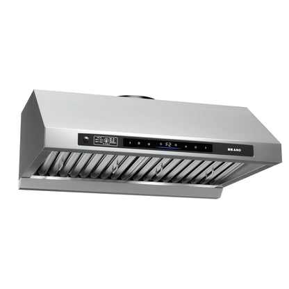 BRANO | DC Motor Series 30-Inch Under-Cabinet Range Hood Silver | 120V，1200CFM Brushless 6-Speed, Voice & Gesture Control, LED Lighting, Baffle Filters