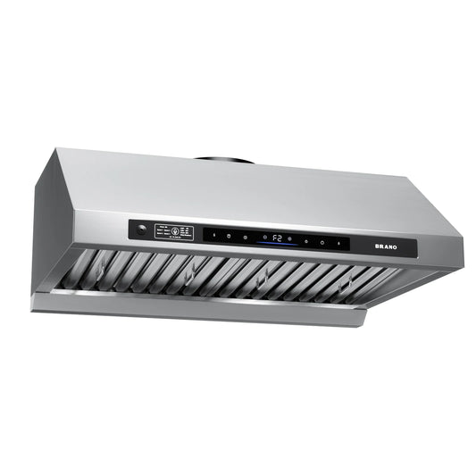BRANO | DC Motor Series 30-Inch Under-Cabinet Range Hood Silver | 120V，1200CFM Brushless 6-Speed, Voice & Gesture Control, LED Lighting, Baffle Filters