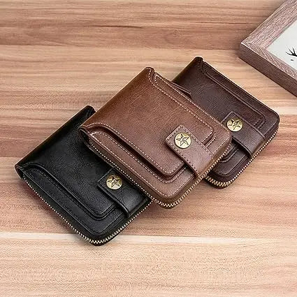 Large Capacity Genuine Leather Vintage Wallet for Men Solid Black Zipper Closure Daily Use Card Case with ID Window Coin Pocket