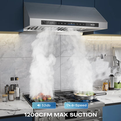 BRANO | DC Motor Series 30-Inch Under-Cabinet Range Hood Silver | 120V，1200CFM Brushless 6-Speed, Voice & Gesture Control, LED Lighting, Baffle Filters