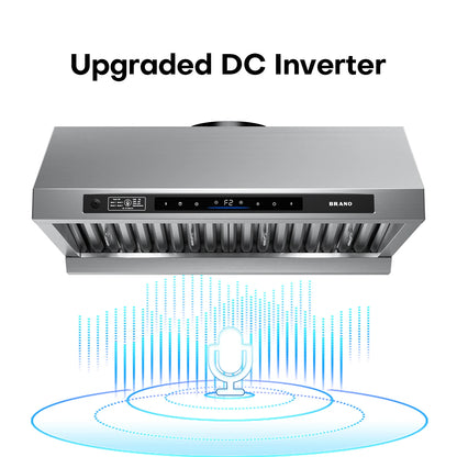 BRANO | DC Motor Series 30-Inch Under-Cabinet Range Hood Silver | 120V，1200CFM Brushless 6-Speed, Voice & Gesture Control, LED Lighting, Baffle Filters