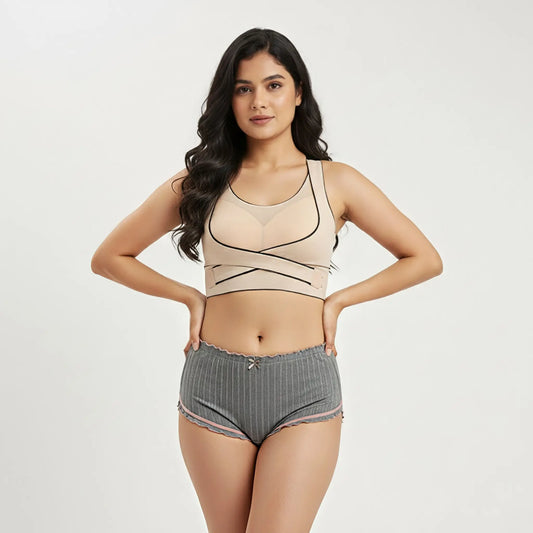 Beige Crossover Push Up Support Bra & Grey Ribbed Panty Set