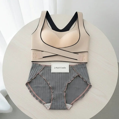 Beige Crossover Push Up Support Bra & Grey Ribbed Panty Set