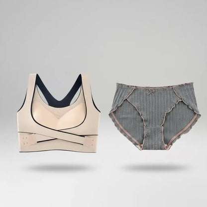 Beige Crossover Push Up Support Bra & Grey Ribbed Panty Set