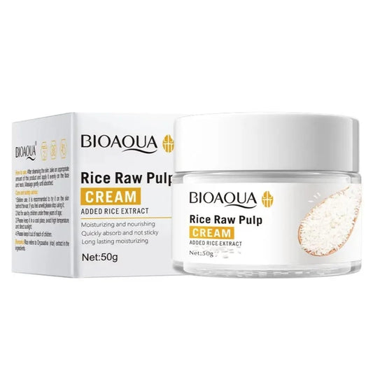 Bioaqua Rice Raw Pulp Cream jar and packaging on a white background