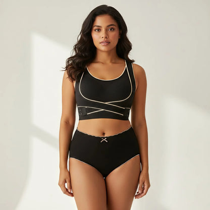 Black Crossover Push Up Support Bra & Grey Ribbed Panty Set