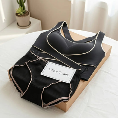 Black Crossover Push Up Support Bra & Grey Ribbed Panty Set