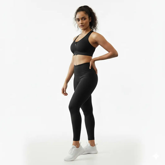 Combo Women’s High-Waisted Black Active Stretch Leggings + Push-Up Front-Zip Sports Bra | Black