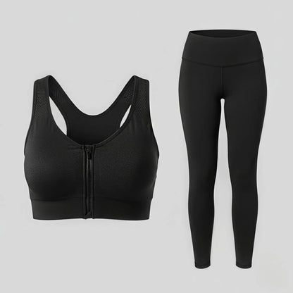 Combo Women’s High-Waisted Black Active Stretch Leggings + Push-Up Front-Zip Sports Bra | Black