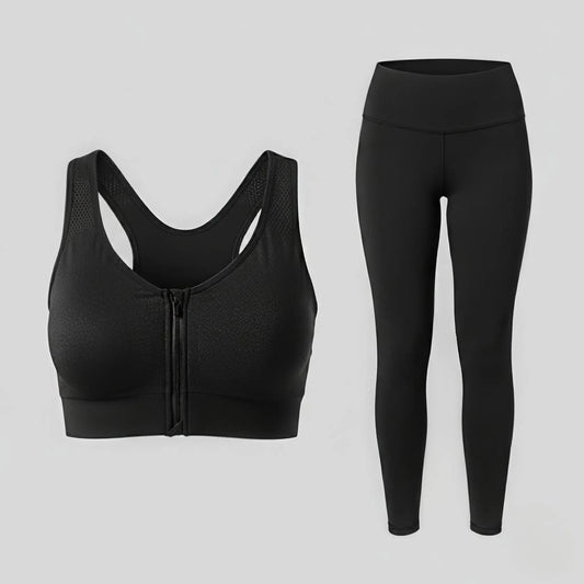 Combo Women’s High-Waisted Black Active Stretch Leggings + Push-Up Front-Zip Sports Bra | Black