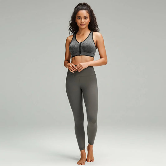 Combo Women’s High-Waisted Gray Active Stretch Leggings + Push-Up Front-Zip Sports Bra | Gray