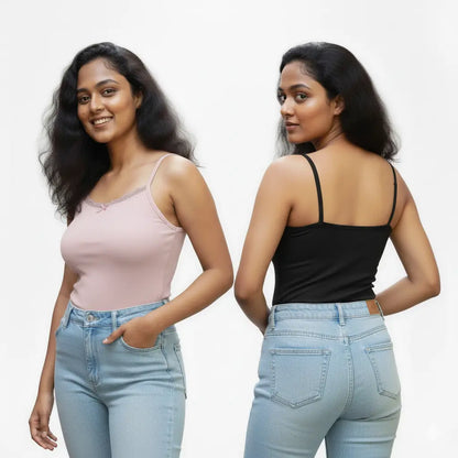 Combo Black & Pink Lace Trim Cami Top with Pad | Shopander