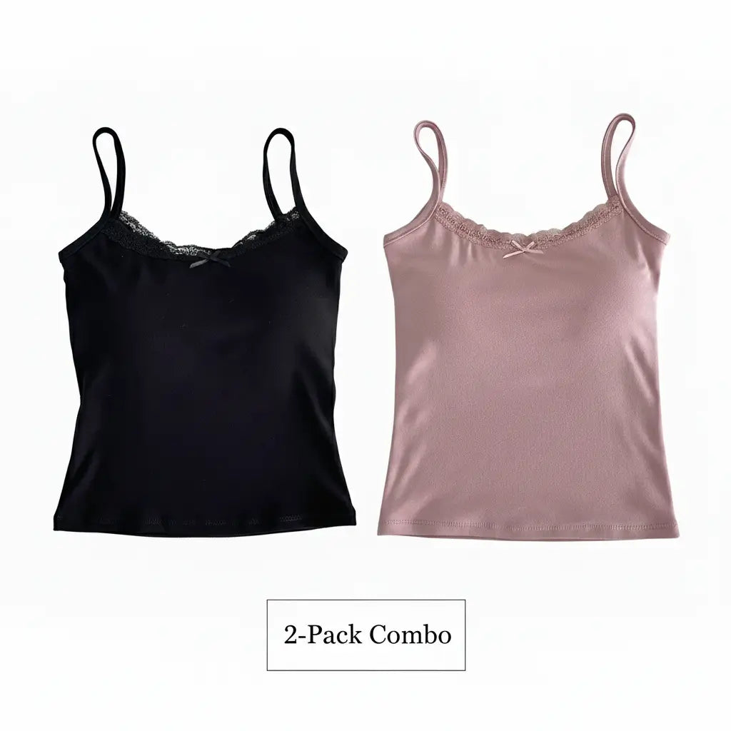 Combo Black & Pink Lace Trim Cami Top with Pad | Shopander