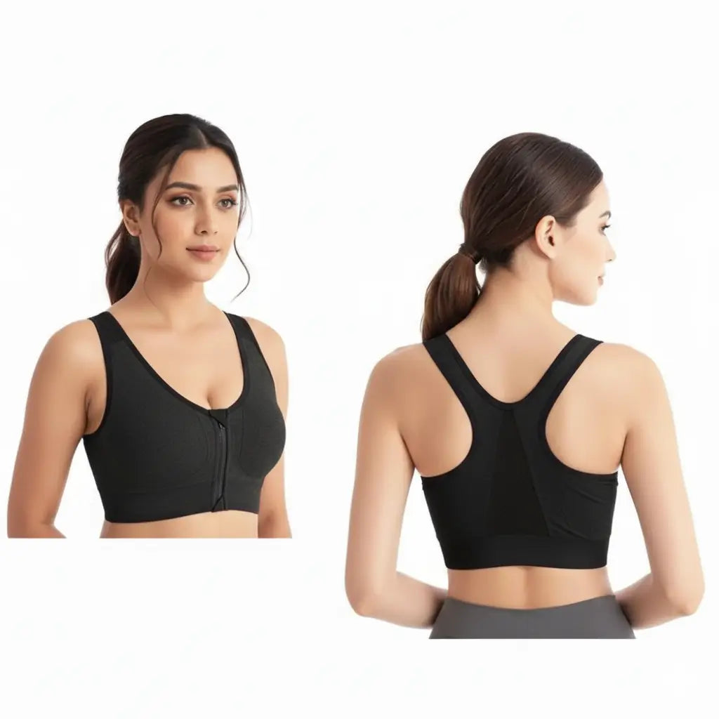 Push-Up Sports Bra – Front Zipper | Yoga, Gym & All-Day Comfort | Black
