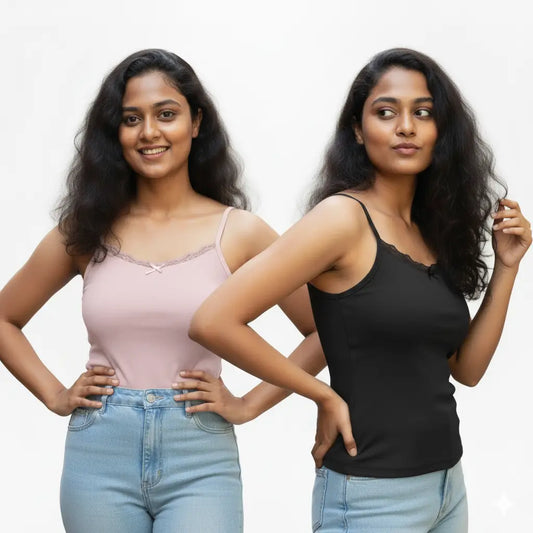 Combo Black & Pink Lace Trim Cami Top with Pad | Shopander