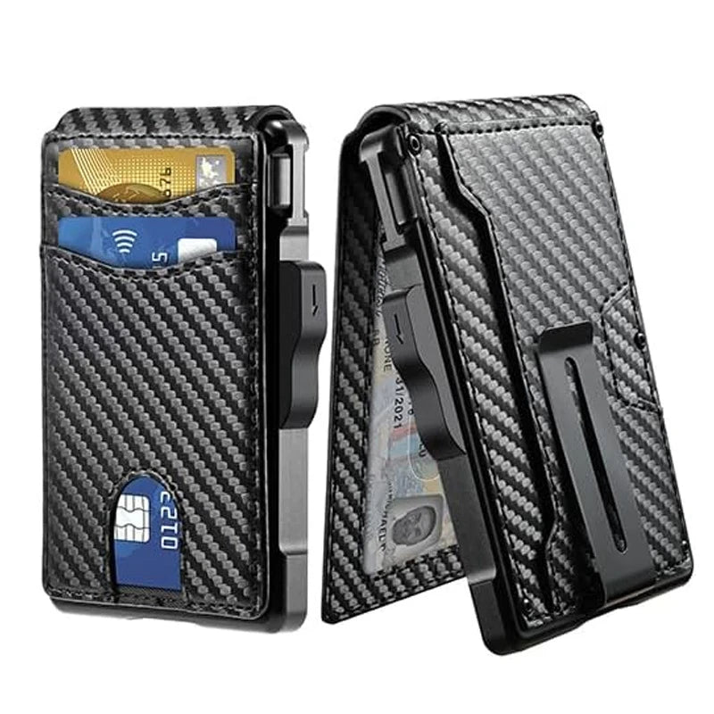 Customize Design CNC Frame Popup Aluminium Eject Card Holder and Microfiber Leather Wallet RFID