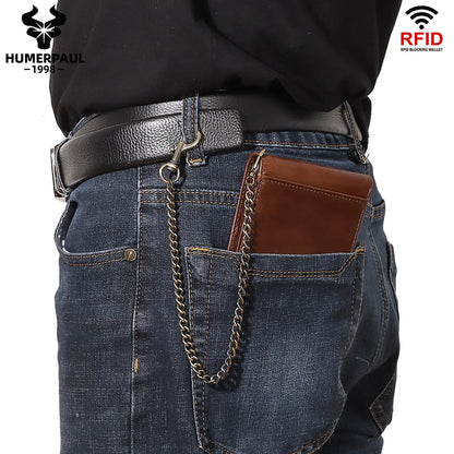 HUMERPAUL Genuine Leather Short Purse for Men Custom logo RFID Blocking Coin Pocket with Anti-Theft Chain Men Biker Wallets