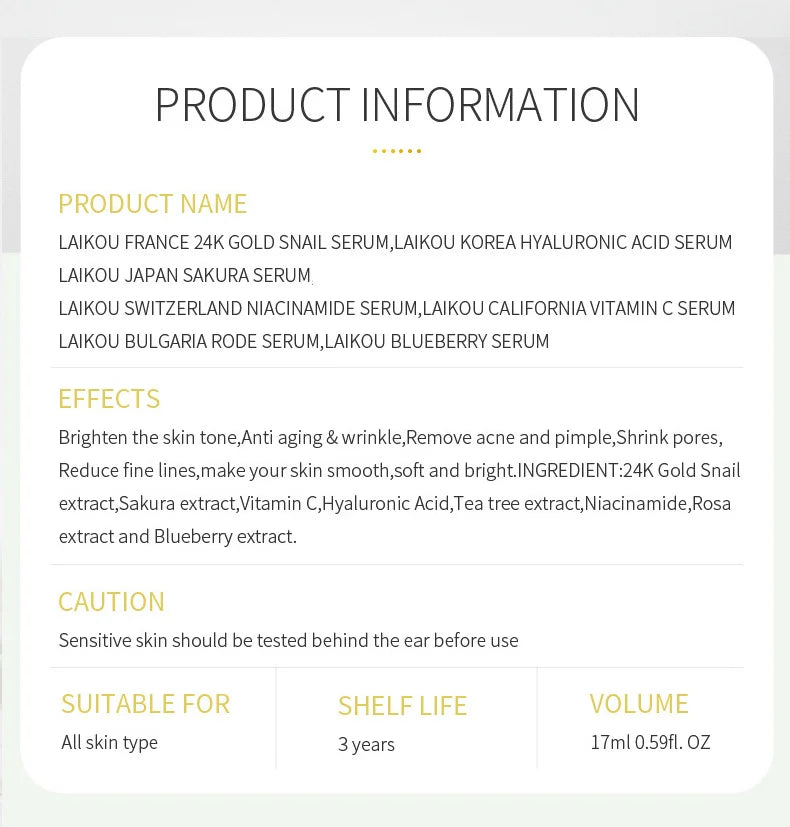 LAIKOU 7 Bottles 24K Gold Snail Sakura Hyluronic Acid Vitamin C Nicotinamida Rose Blueberry Serum Japan Essential Face Essences