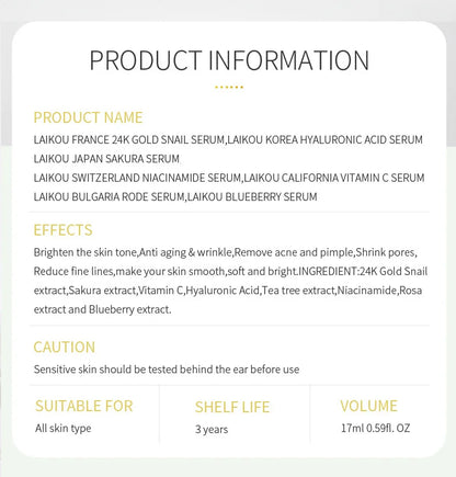 LAIKOU 7 Bottles 24K Gold Snail Sakura Hyluronic Acid Vitamin C Nicotinamida Rose Blueberry Serum Japan Essential Face Essences