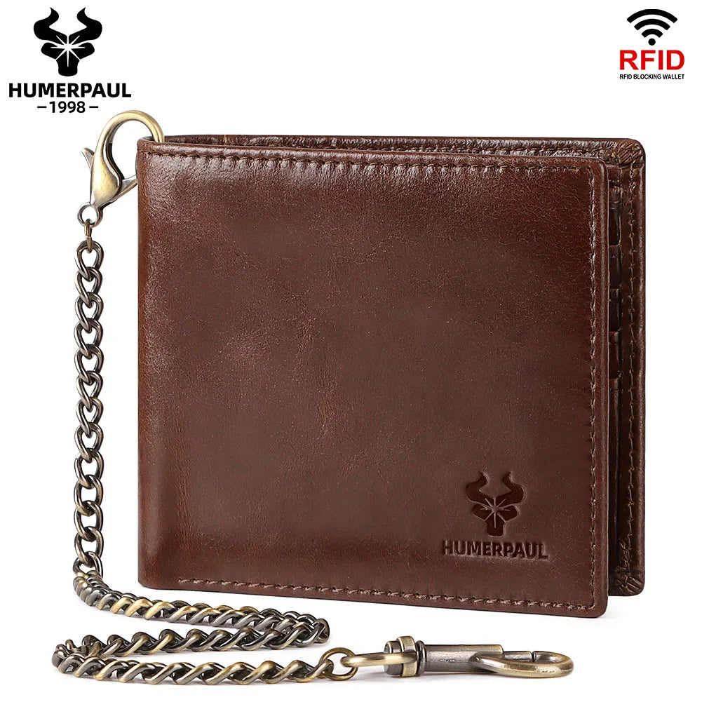 HUMERPAUL Genuine Leather Short Purse for Men Custom logo RFID Blocking Coin Pocket with Anti-Theft Chain Men Biker Wallets